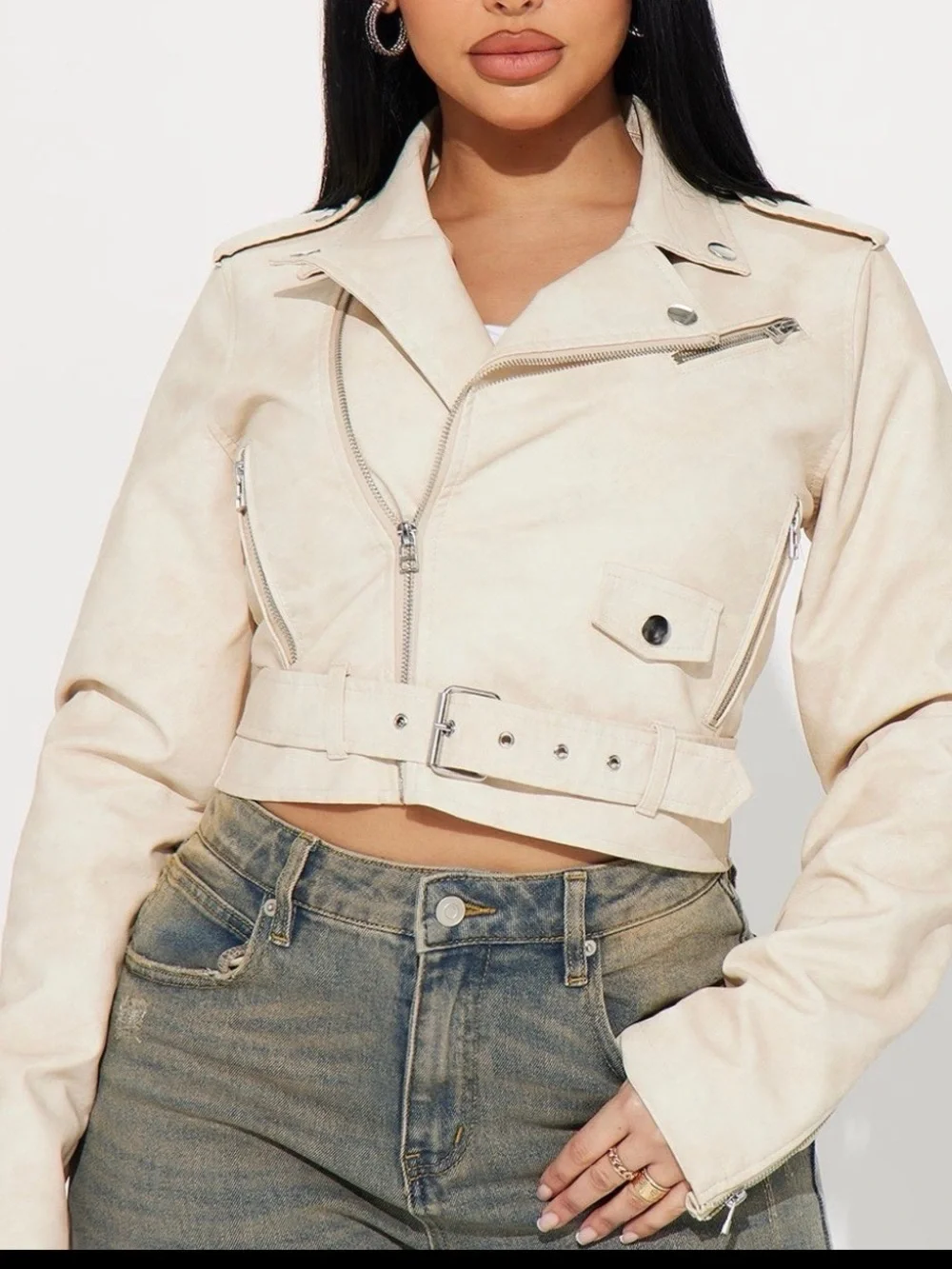 Fashion Nova Cream Cropped Moto Jacket with Belt